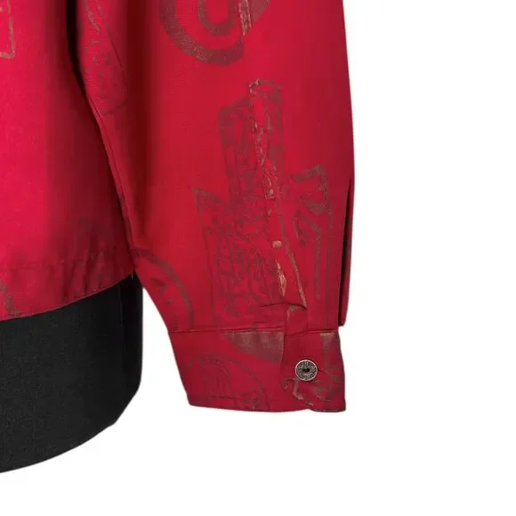 Chico’s Women’s 3 XL 16 Red Bronze Asian Symbol Faux Suede Button Up Artwear Top - Picture 9 of 9